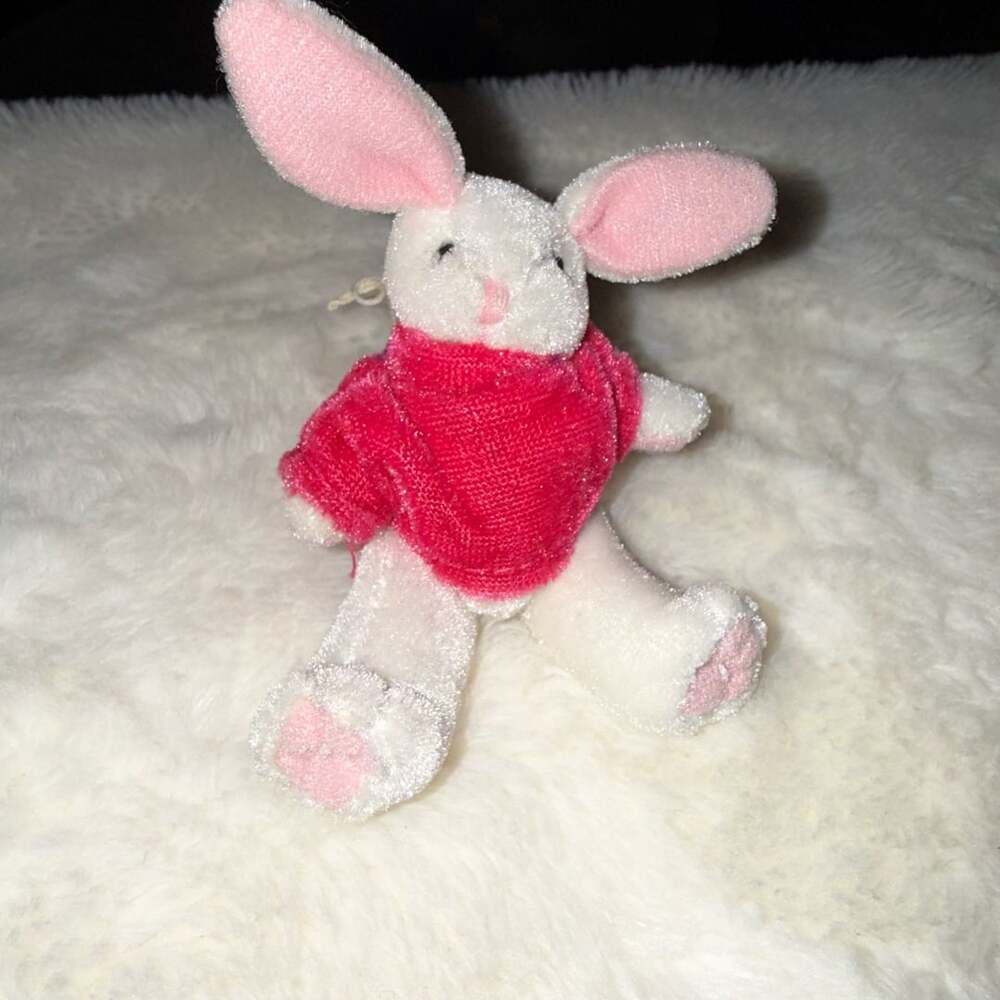 Vintage White and Pink Bunny Rabbit Plush Stuffed Animal with Sweater